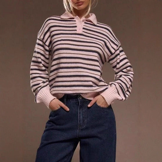 Damen gestreifter Pullover mit Polokragen EB