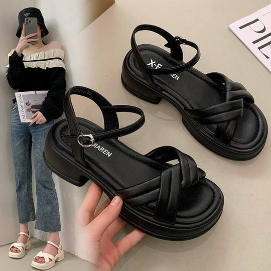 Damen Sandalen mit elegantem Kreuzriemen und komfortablem Blockabsatz EB