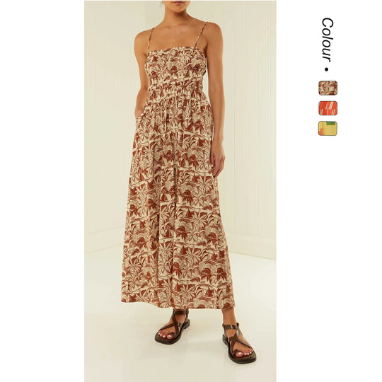Damen Maxikleid mit elastischem Bund und verspieltem Blumenmuster EB