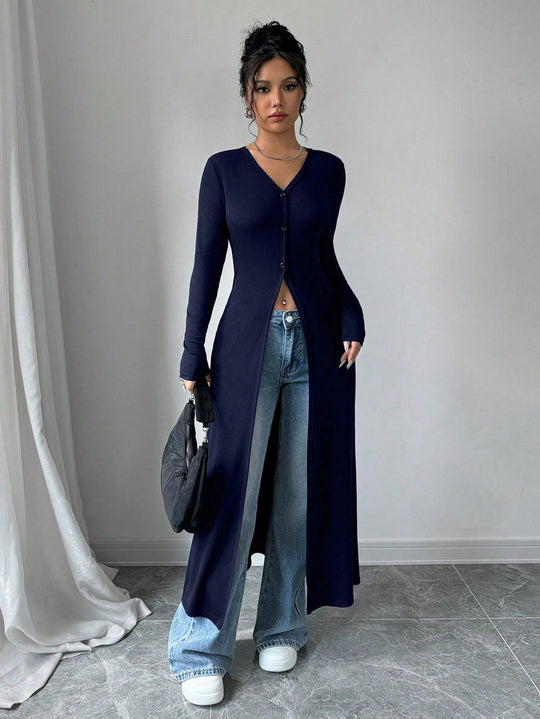 Damen Langstrickjacke mit V-Ausschnitt und Knopfverschluss EB