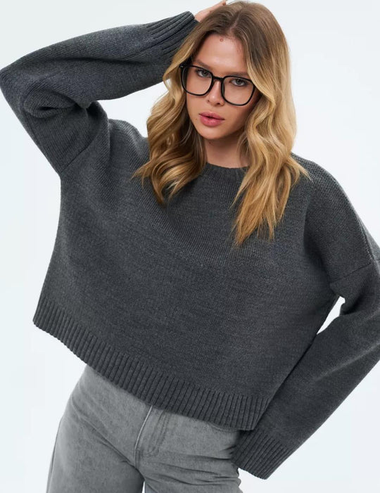 Damen gemütlicher Cropped-Pullover mit lässigen Ballonärmel und Rippstruktur EB