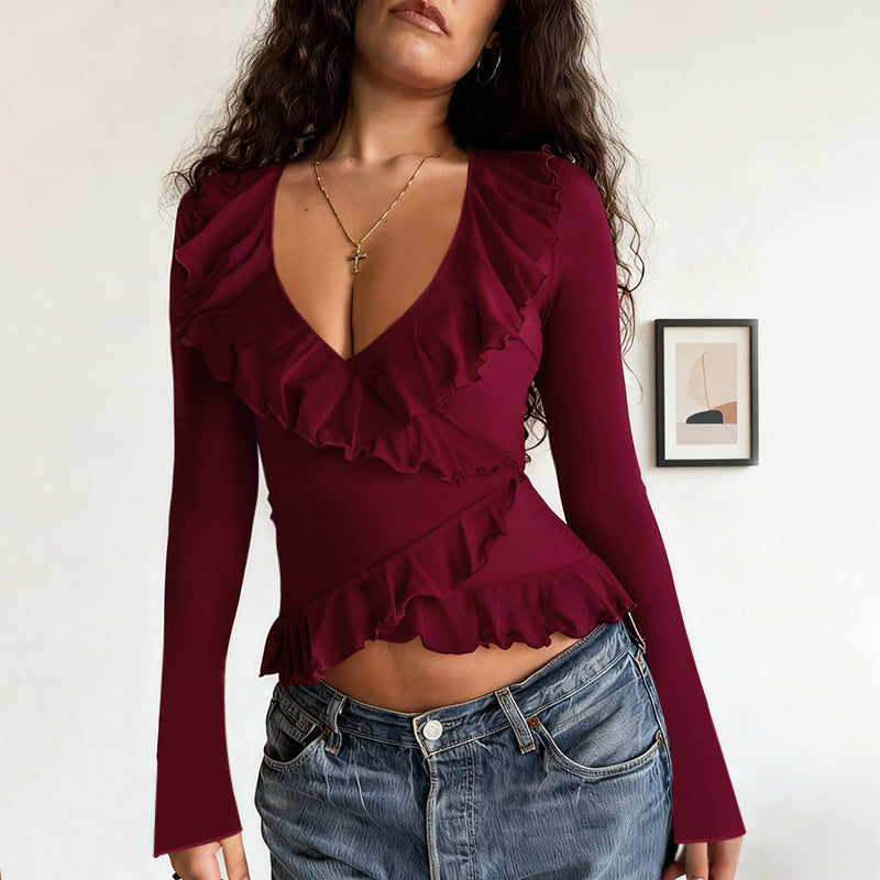 Damen lässiges Wickeloberteil mit Rüschendetails und V-Ausschnitt EB