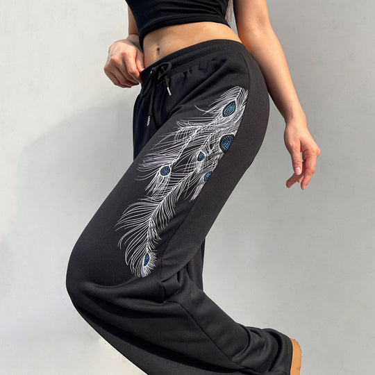 Damen nan weite Loungehose mit Kordelzug, hohem Komfortbund und Pfauenfeder-Print EB