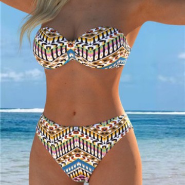 Damen Bandeau-Bikini mit stylischem Ethno-Muster und hohem Taillenschnitt EB