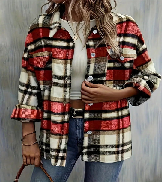 Damen karierte Flanelljacke mit Taschen und geschmackvoller Knopfleiste EB