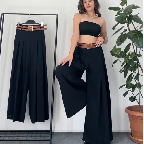 Damen Weite Plissee-Hose mit modernem Gürtel EB