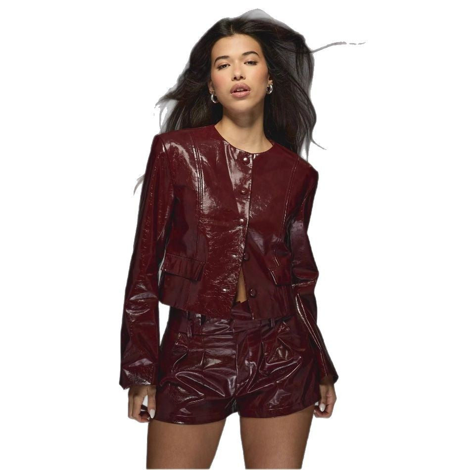 Damen Kunstlederjacke mit glänzendem Finish und eleganten Blenden EB