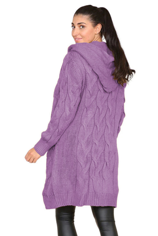 Damen Langer Strickmantel mit elegantem Zopfmuster und Kapuze EB