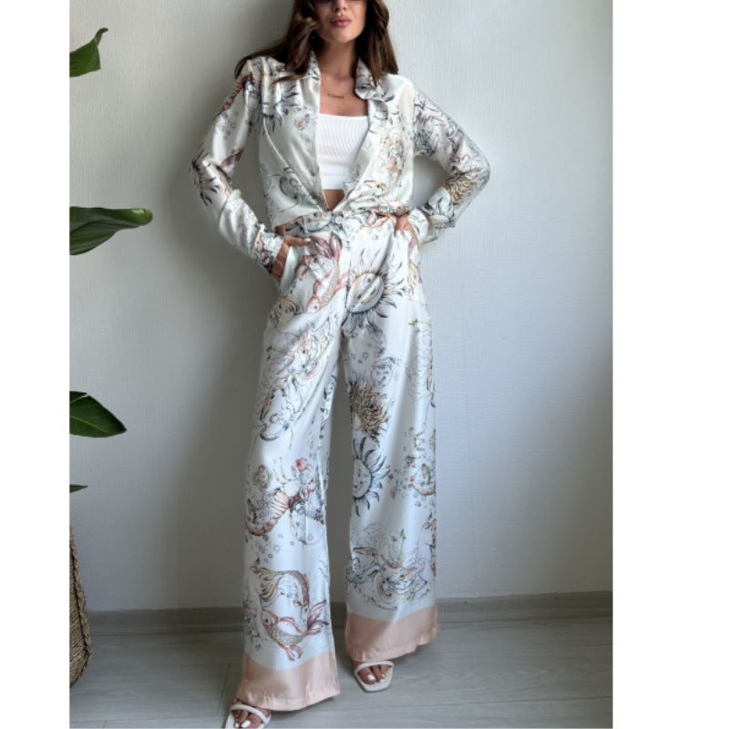 Damen Überschnittenes Satin-Hosenanzug mit floralem Design EB