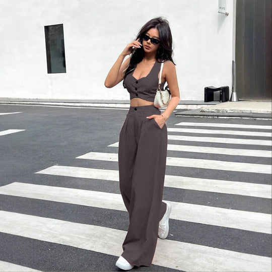 Damen Zweiteiliges Set mit tailliertem Top und weiten Hosen EB