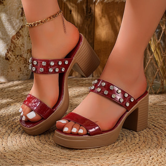 Damen Glamouröse Sandalen mit funkelnden Strassdetails und blockförmigem Absatz EB