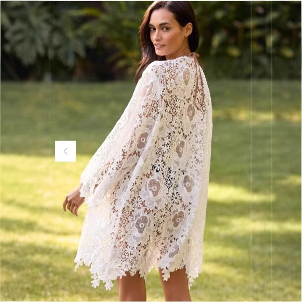 Damen Strandkimono mit floralem Häkelmuster und weit ausgestellten Ärmeln EB