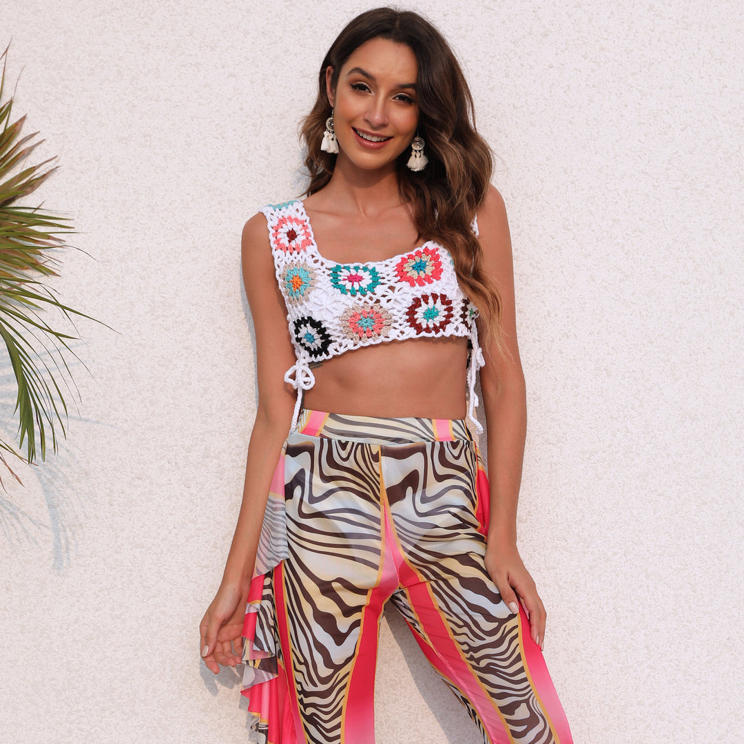 Damen gehäkeltes Crop-Top mit bunten Blumenmotiven EB