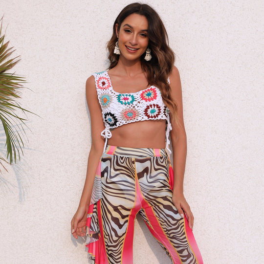 Damen gehäkeltes Crop-Top mit bunten Blumenmotiven EB