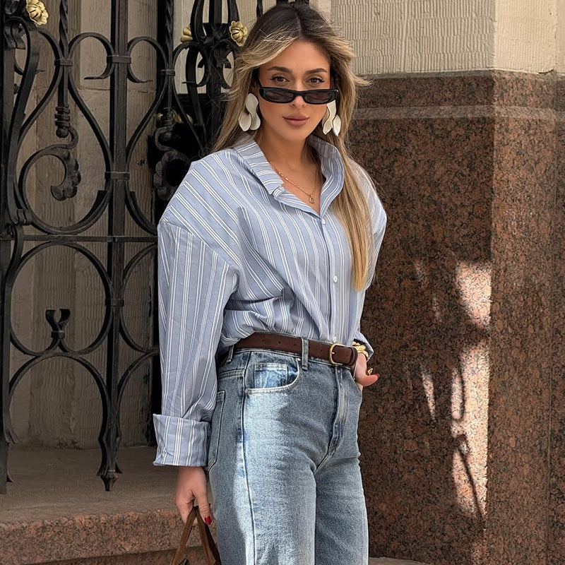 Damen lässige Oversize-Hembluse mit Streifen EB