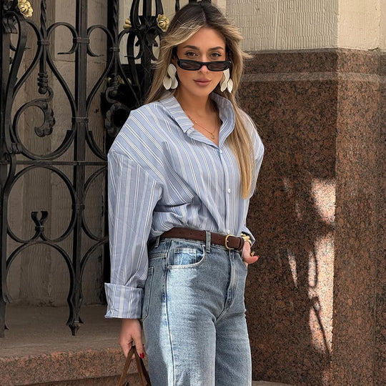 Damen lässige Oversize-Hembluse mit Streifen EB