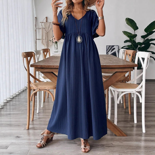 Damen Maxikleid mit feinen Falten und V-Ausschnitt EB