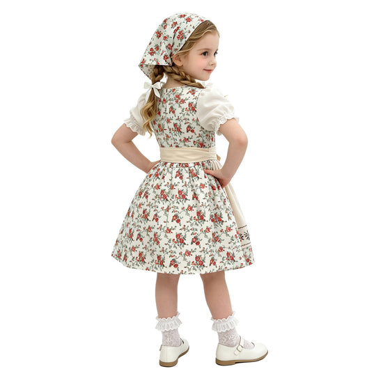 Damen nan Kinderdirndl Trachtenkleid mit Spitzenbluse Schürze und Kopftuch EB