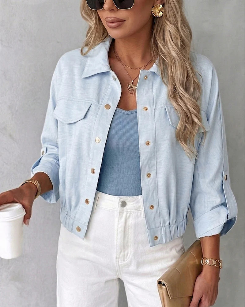 Damen Leichte Chambray-Boxy-Jacke mit Gummibund, Druckknöpfen und aufgesetzten Brusttaschen EB