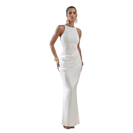 Damen Elegantes Hochzeitskleid mit Spitzenoberteil und gerafftem Saum EB