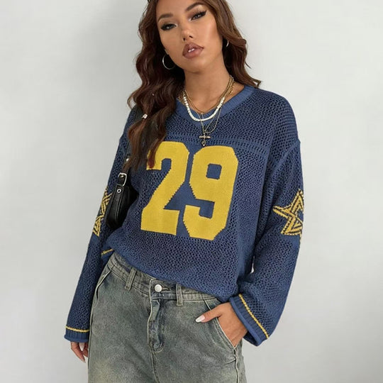 Damen Sportlicher Oversized Pullover mit Motivstickerei EB