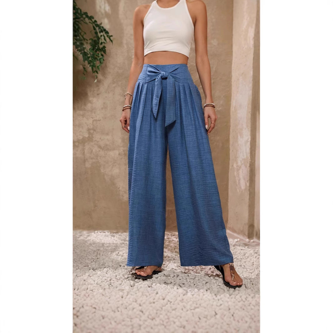 Damen Weite Hochtaillierte Hose mit Schleifenbund und Falten EB