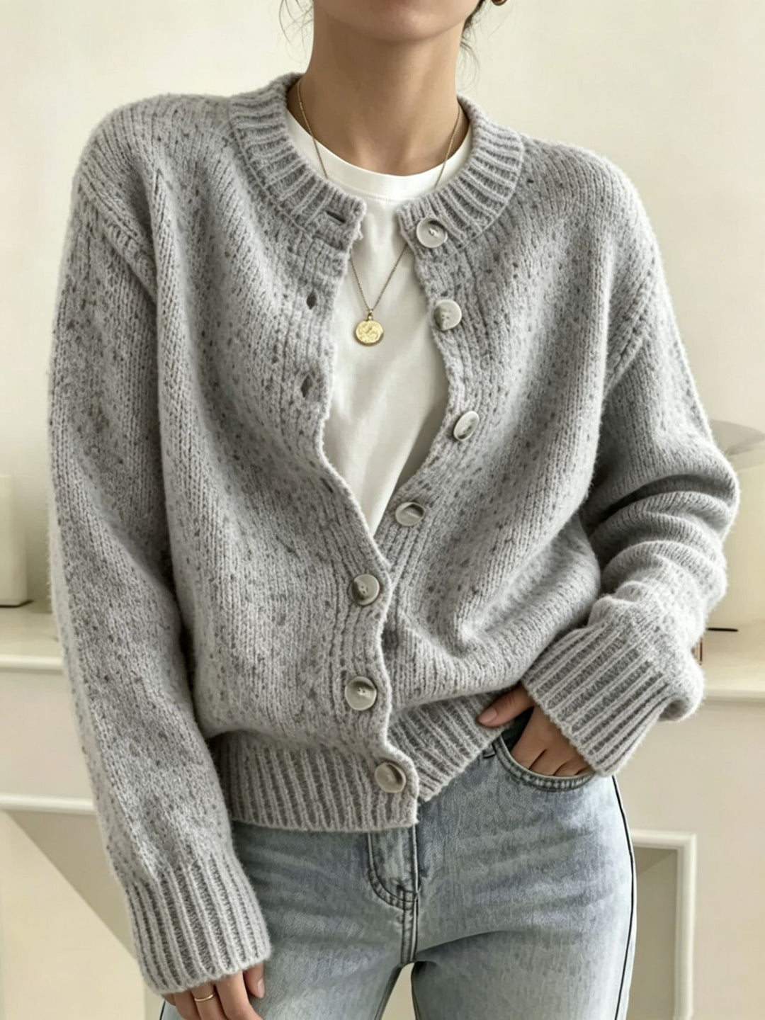 Damen Grobgestrickter Kurzcardigan mit Rundhalsausschnitt und meliertem Tweed-Effekt EB