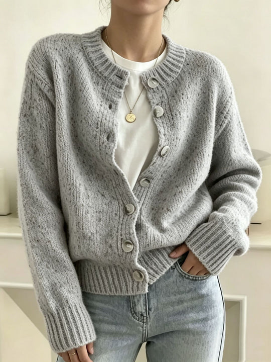 Damen Grobgestrickter Kurzcardigan mit Rundhalsausschnitt und meliertem Tweed-Effekt EB
