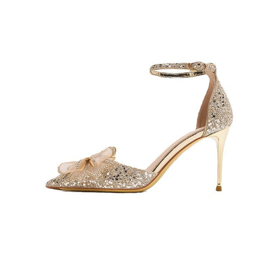 Damen elegante High-Heels mit funkelndem Strass und Schleifenakzent EB