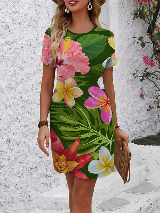 Damen lässiges T-Shirt Kleid mit buntem Blumenmuster und bequemem Schnitt EB