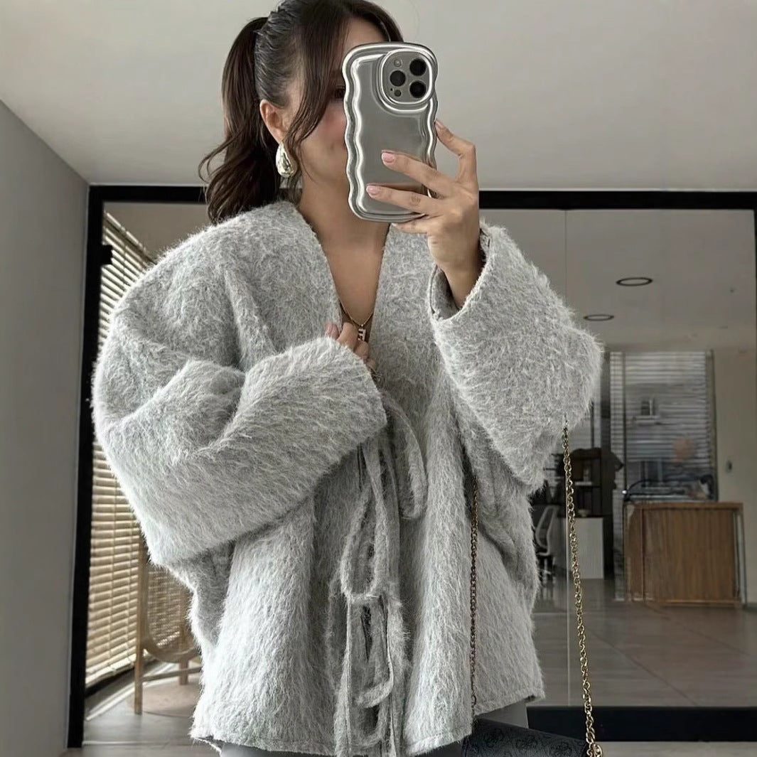 Damen weiche und trendige Strickjacke mit Bindeverschluss EB