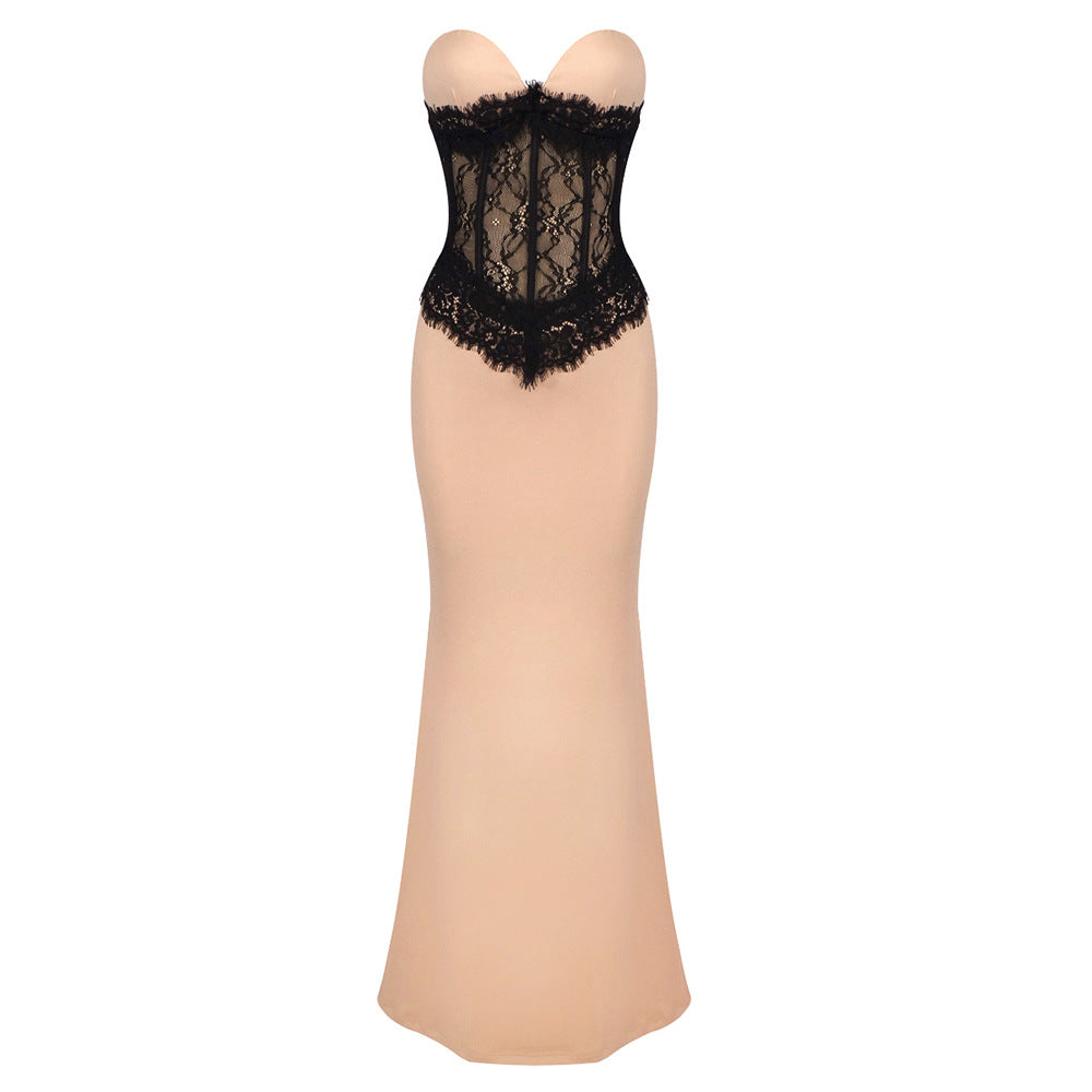 Damen Abendkleid mit elegantem Bustier und floralem Spitzenoberteil EB