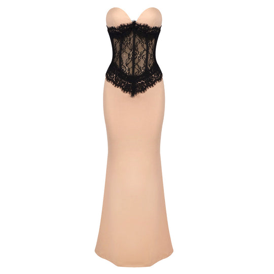 Damen Abendkleid mit elegantem Bustier und floralem Spitzenoberteil EB