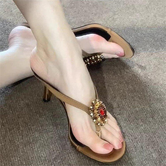 Damen elegante Zehentrenner-Sandalen mit glitzerndem Schmuckdetail EB