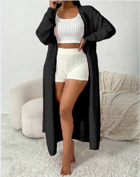 Damen Langer Wickel-Cardigan in Flausch-Optik mit Bindegürtel EB