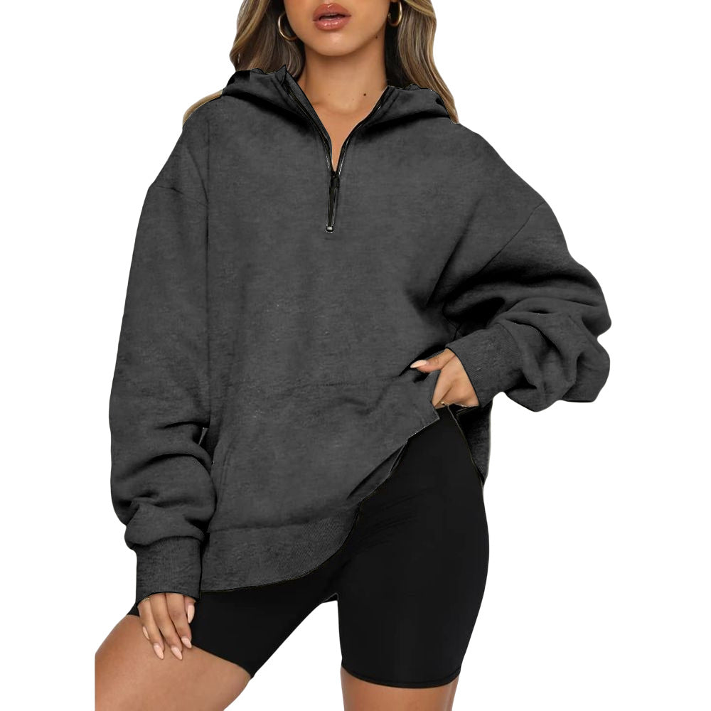 Damen Oversize Kapuzenpullover mit halbem Reißverschluss EB