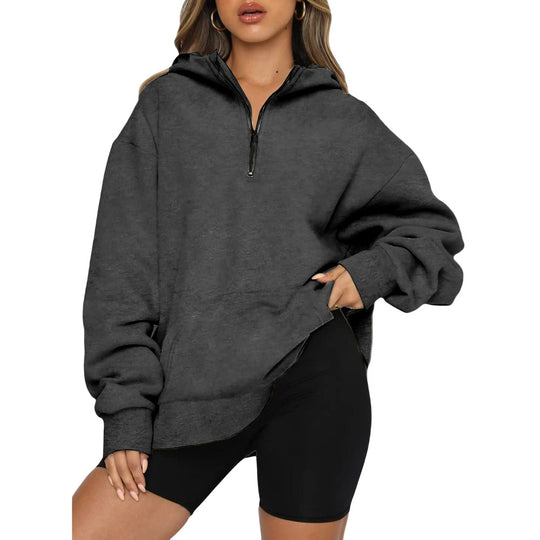 Damen Oversize Kapuzenpullover mit halbem Reißverschluss EB
