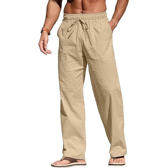 Herren nan leichte Leinenhose mit elastischem Bund, Kordelzug und aufgesetzten Taschen EB