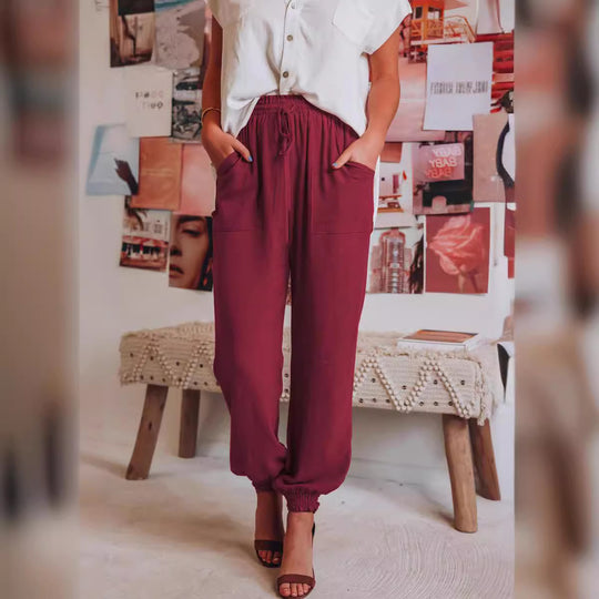 Damen Bequeme und legere Hose mit elastischem Bund und vielseitigen Taschen EB
