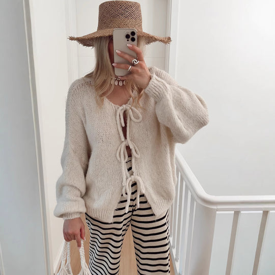 Damen Grobgestrickter Offener Cardigan mit Bindebändern, Oversize‑Silhouette und Raglanärmeln EB