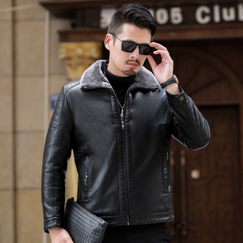 Herren Lederimitat-Übergangsjacke mit durchgehendem Teddyfutter und umlegbarem Kragen EB