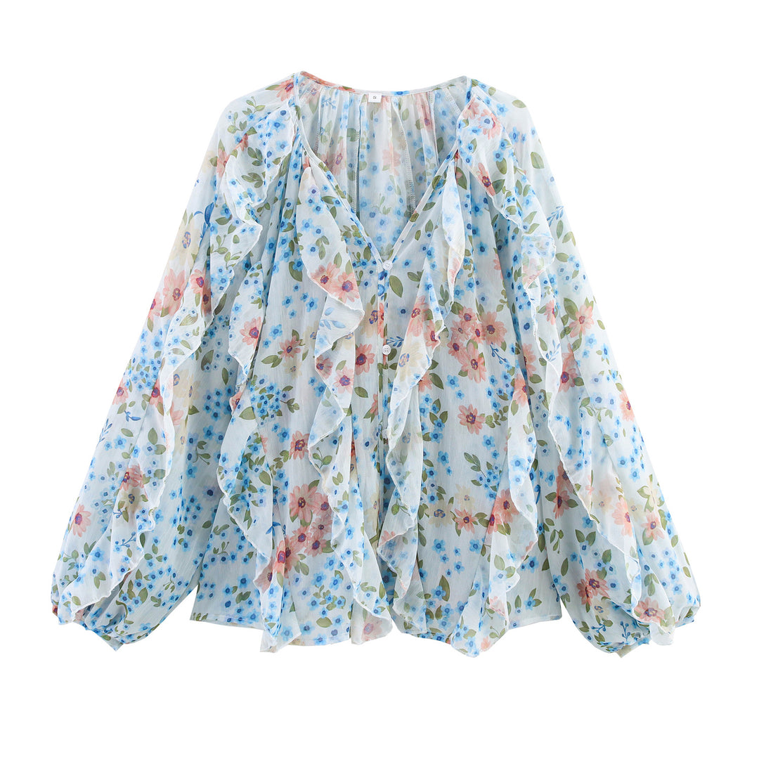 Damen nan feminine Chiffon-Volantbluse mit Ballonärmeln und V-Ausschnitt EB