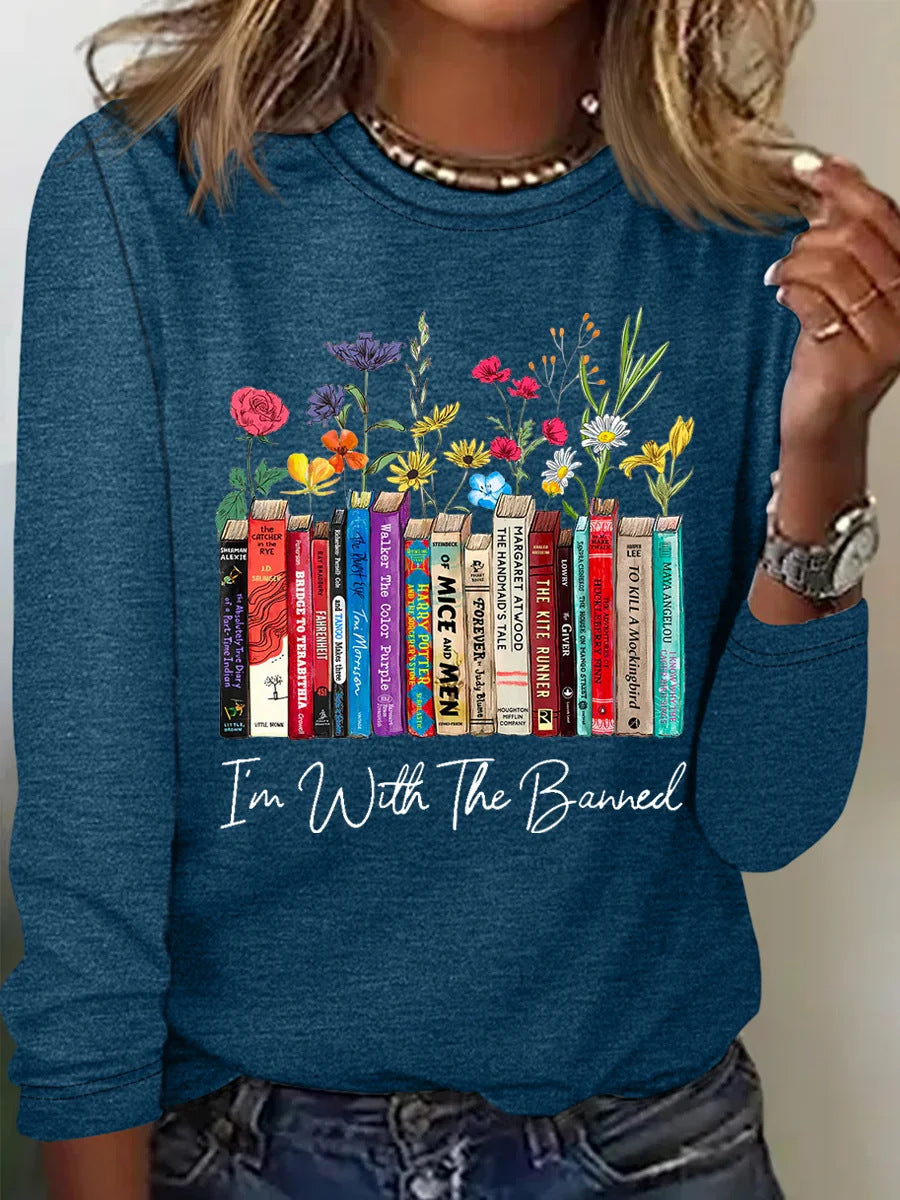 Damen Langarmshirt mit Bücher- und Blumenmotiv EB