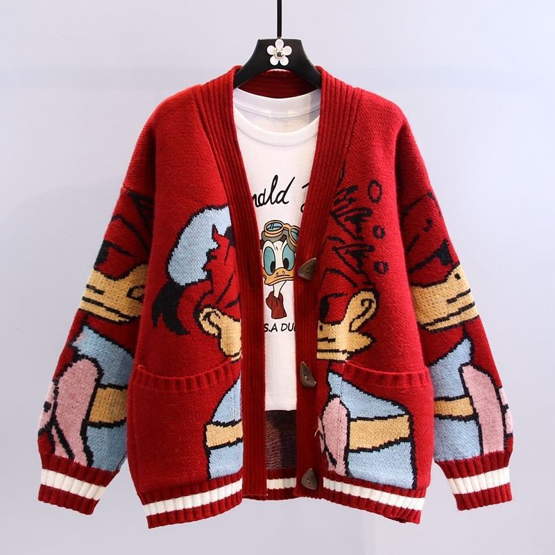 Damen Cartoon-Design Strickjacke mit breiten Ärmeln und Taschen EB