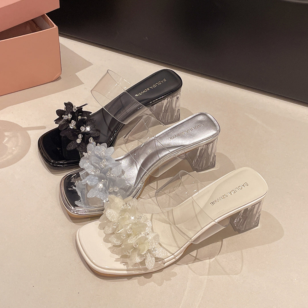 Damen Transparente Mules mit floralem Design und glitzerndem Blockabsatz EB