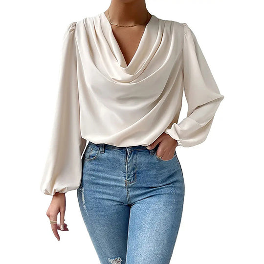 Damen Elegantes Langarm-Blusenoberteil mit Drapierung und weitem Schnitt EB