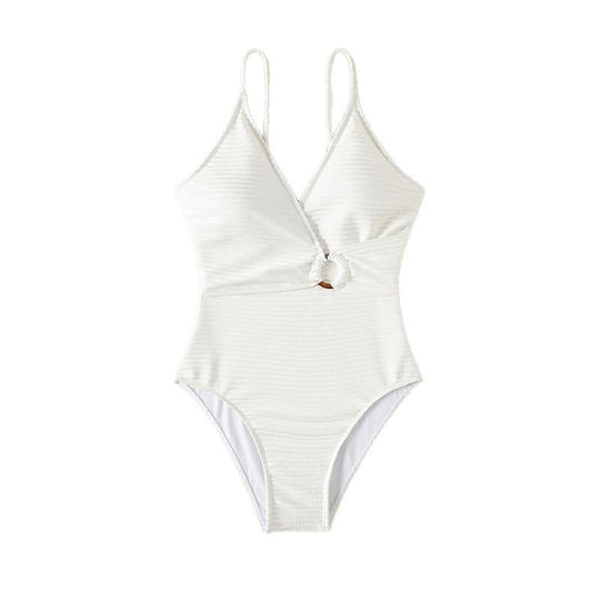 Damen Eleganter Einteiler Badeanzug mit verführerischem V-Ausschnitt und modischem Ringdetail EB