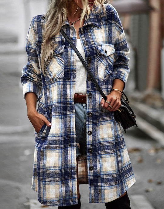 Damen Langarmhemdjacke im Karomuster mit großen Taschen EB