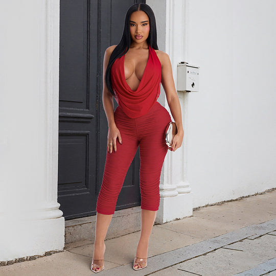 Damen Eleganter und figurbetonter Jumpsuit mit tiefem V-Ausschnitt und Raffungen EB