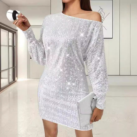 Damen Glamouröses Minikleid mit asymmetrischem Schulterdesign und Funkeleffekten EB